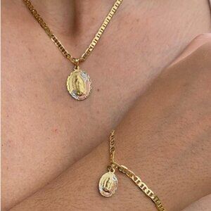 Brand New Virgen de Guadalupe Necklace 20" Bracelet 7.5" 14K Gold Filled Womens